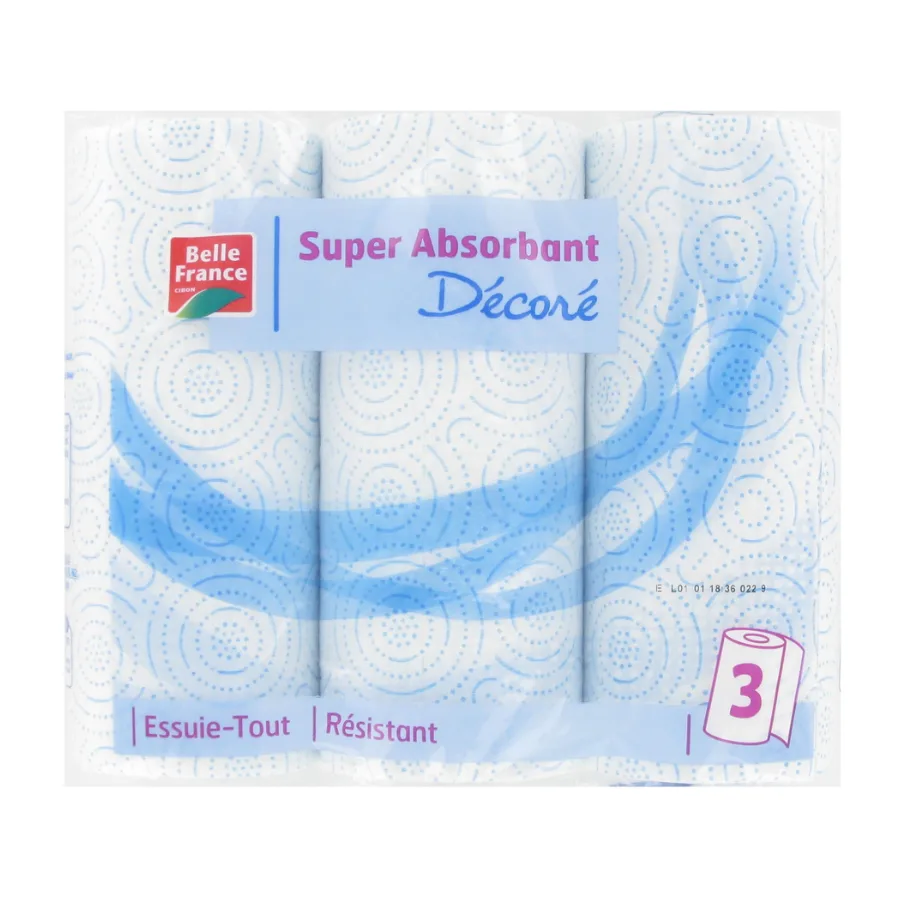 Essuie-tout ménager 3 Rouleaux 2 plis Blanc Décoré Belle France 3 x 45 Feuilles 100% Pure ouate de cellulose