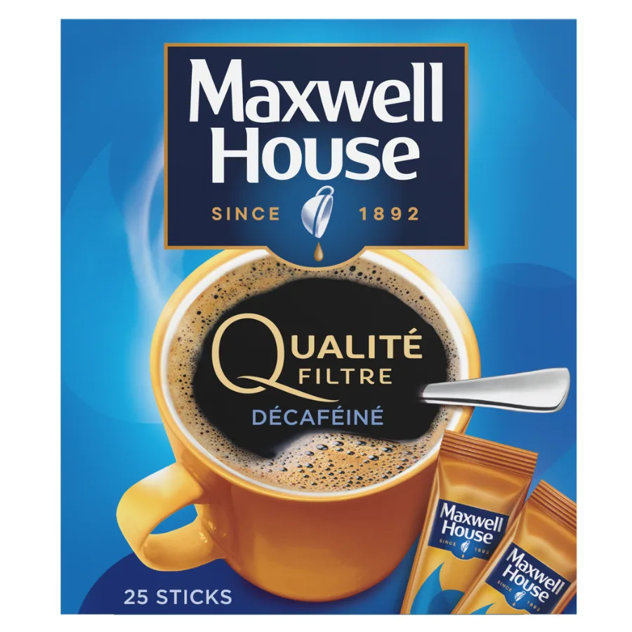 MAXWELL HOUSE QUALITE FILTRE DECAFEINE CAFE SOLUBLE STICKS X25 - 45 GR