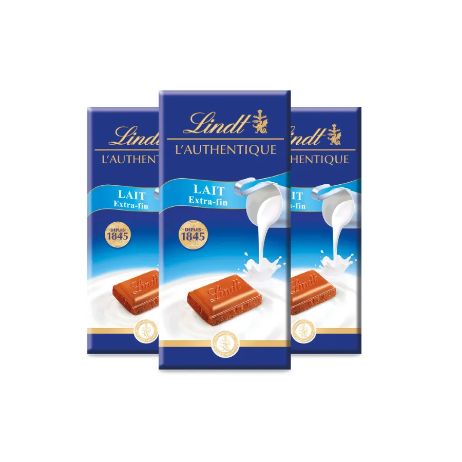 Lindt Tablette de chocolat AUTHENTIQUE Lait Extra Fin 100g - Lot de 3