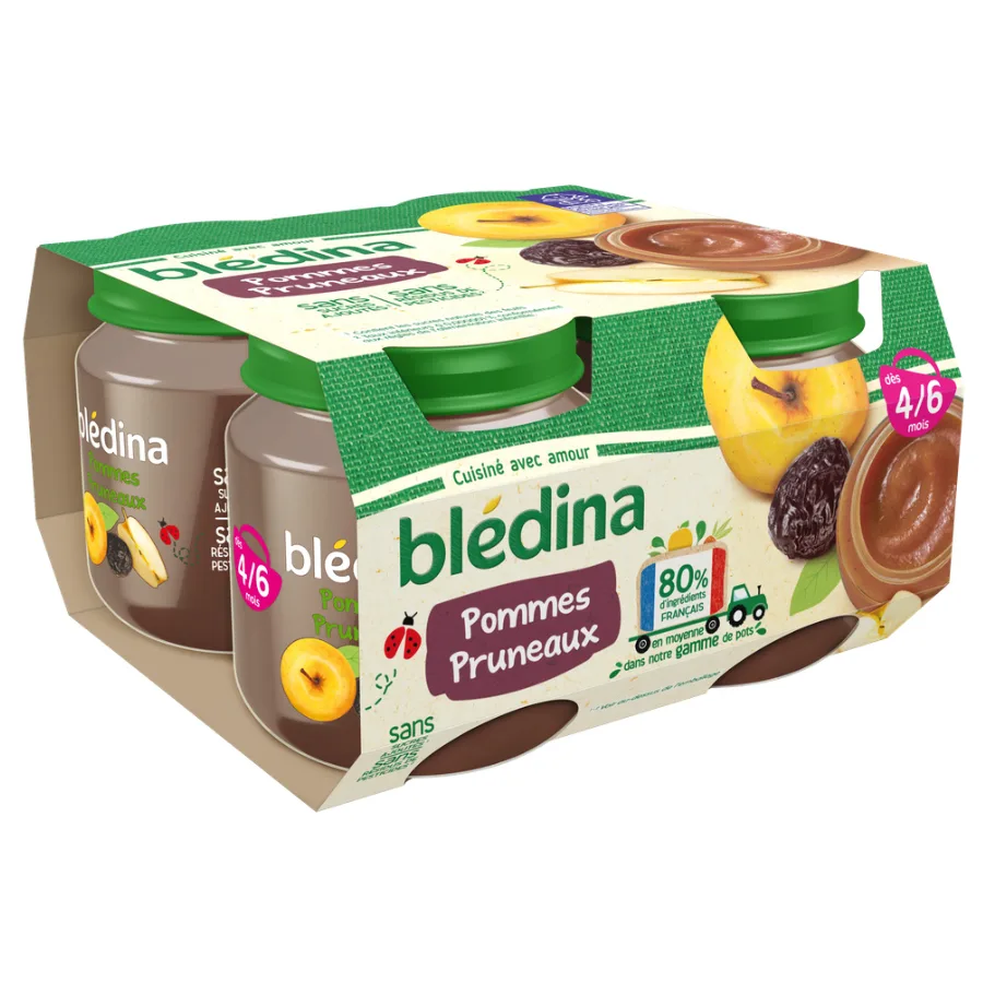 BLEDINA POTS FRUITS Pommes Pruneaux 4x130g Dès 4/6 mois