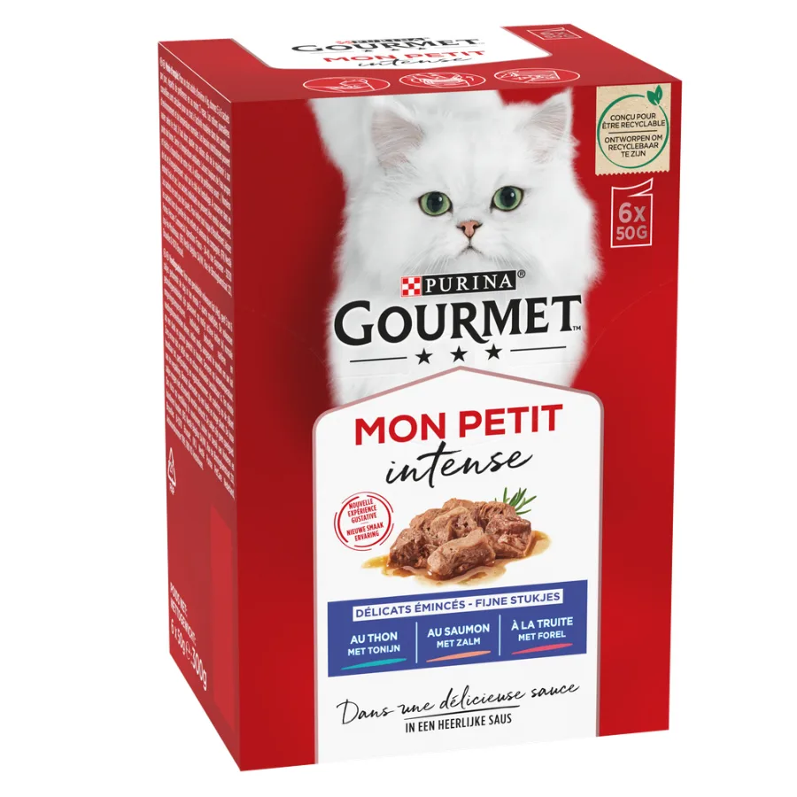 PURINA® GOURMET™ MON PETIT Intense, au Thon, à la Truite, au Saumon une alimentation humide complète pour chats adultes, en sachets de 50g