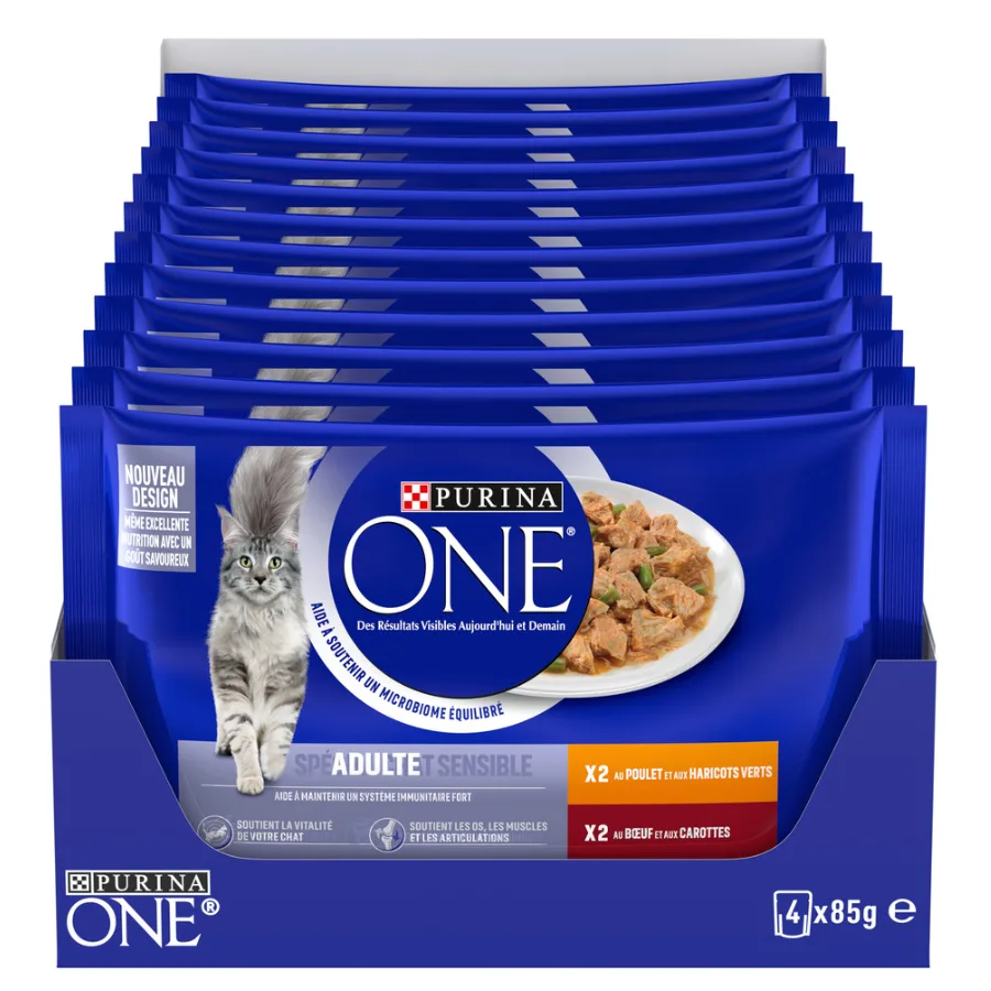 PURINA ONE Chat Adulte Poulet, Bœuf - 4 x 85 g - Sachets fraîcheur pour chats adultes