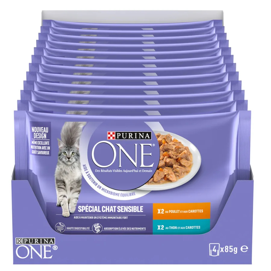 PURINA ONE Chat Sensible : au Thon et au Poulet - 4 x 85 g - Sachets fraîcheur pour chats adultes