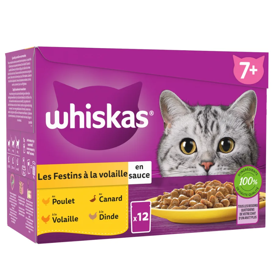 WHISKAS Sachets fraîcheur Les Festins à la Volaille en sauce pour chat senior 4 variétés 12x85g
