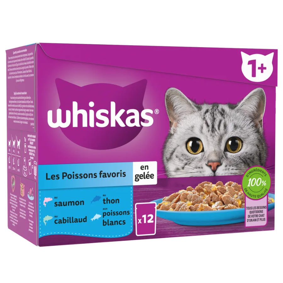 WHISKAS Sachets fraîcheur Les Poissons favoris en gelée pour chat adulte 4 variétés 12x85g