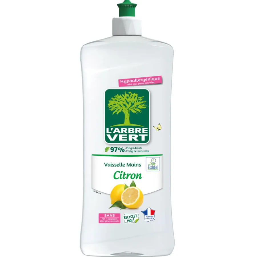 L'Arbre Vert Vaisselle Mains Ecolabel Citron - Hypoallergénique - 97% d'ingrédients d'origine naturelle - 750mL