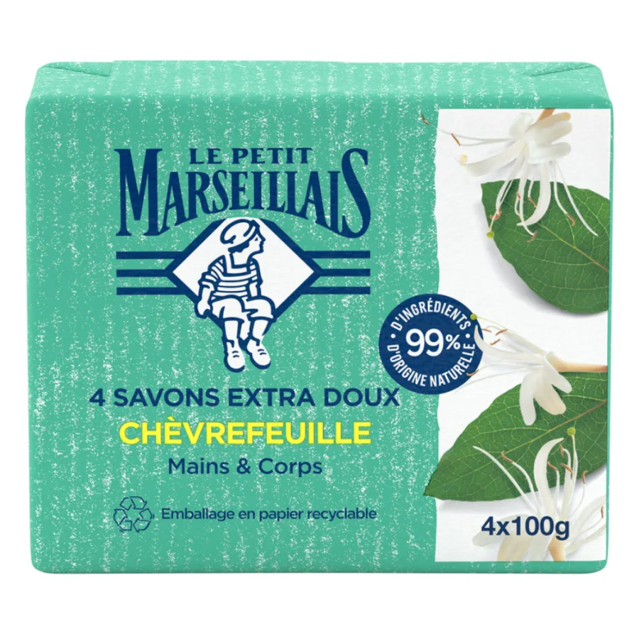 LE PETIT MARSEILLAIS SAVON EXTRA DOUX FABRICATION ANCIENNE CHÈVREFEUILLE 4X100G